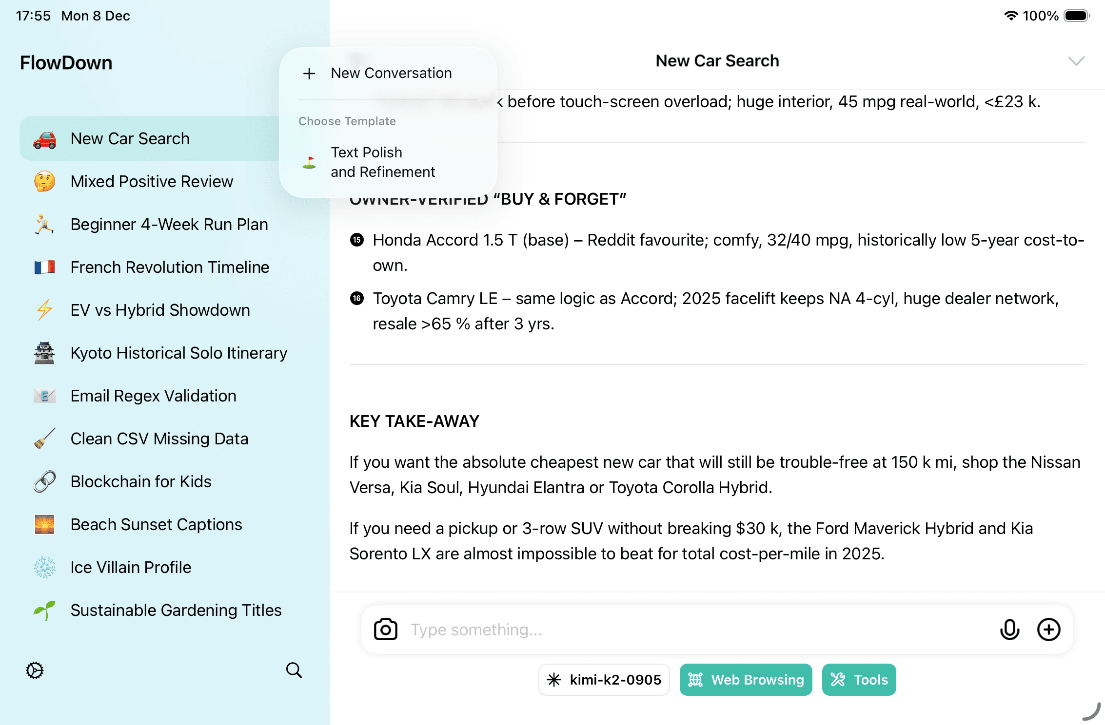 Choose a template when starting a chat