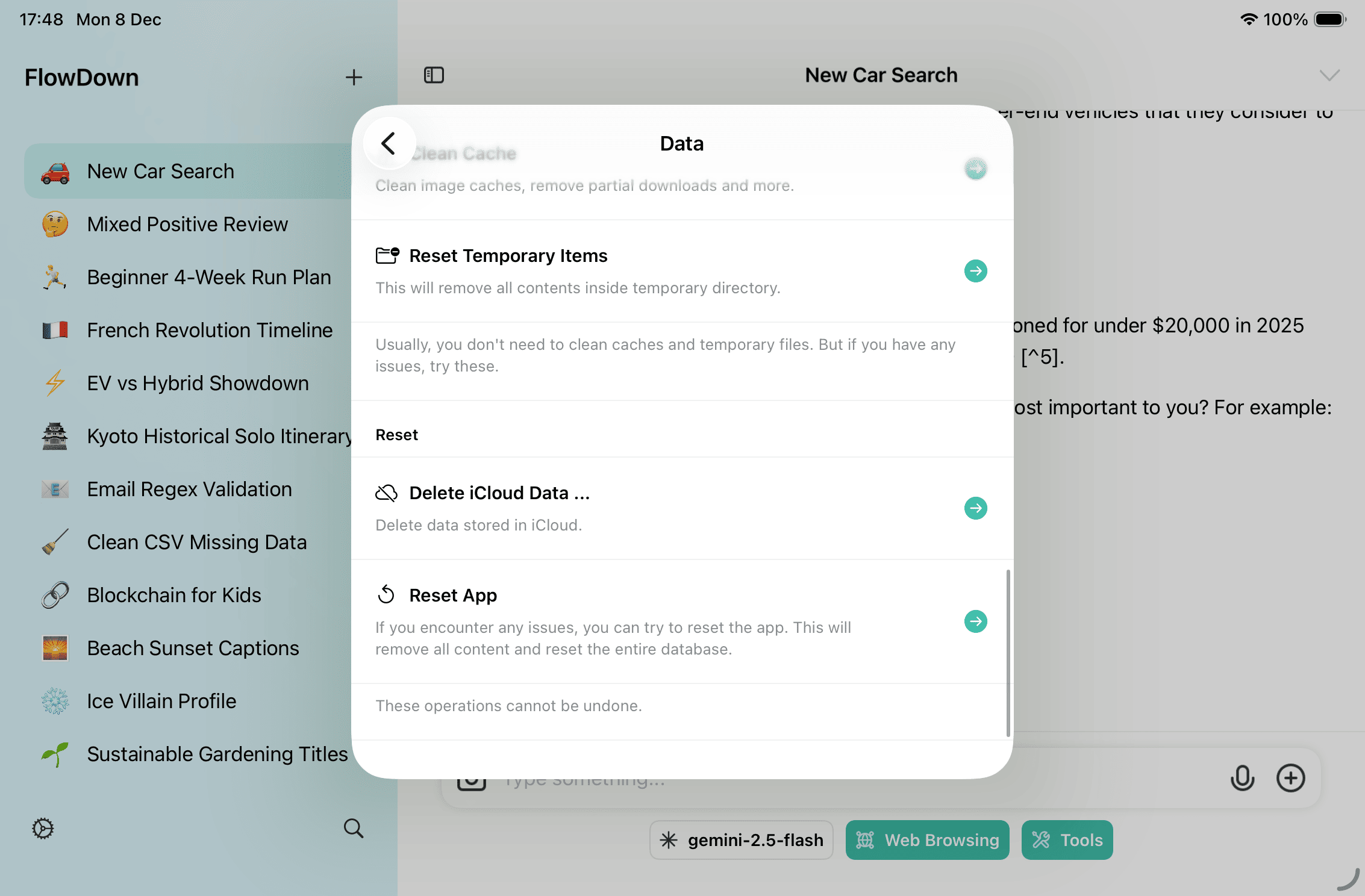 Data export and reset options