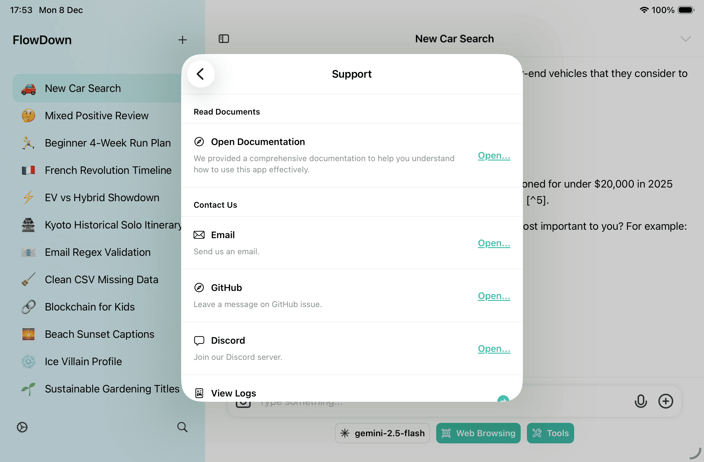 Support menu (docs, GitHub, Discord, logs)
